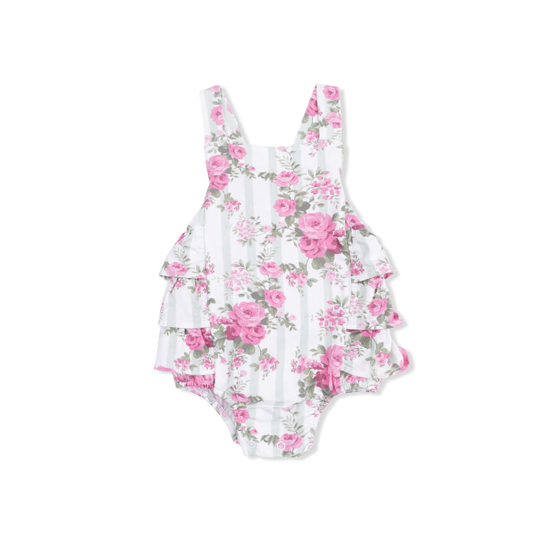 ANGEL DEAR Ruffle Sunsuit - Cabbage Rose Stripe