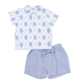 ANGEL DEAR Polo with Casual Short - Blue Argyle