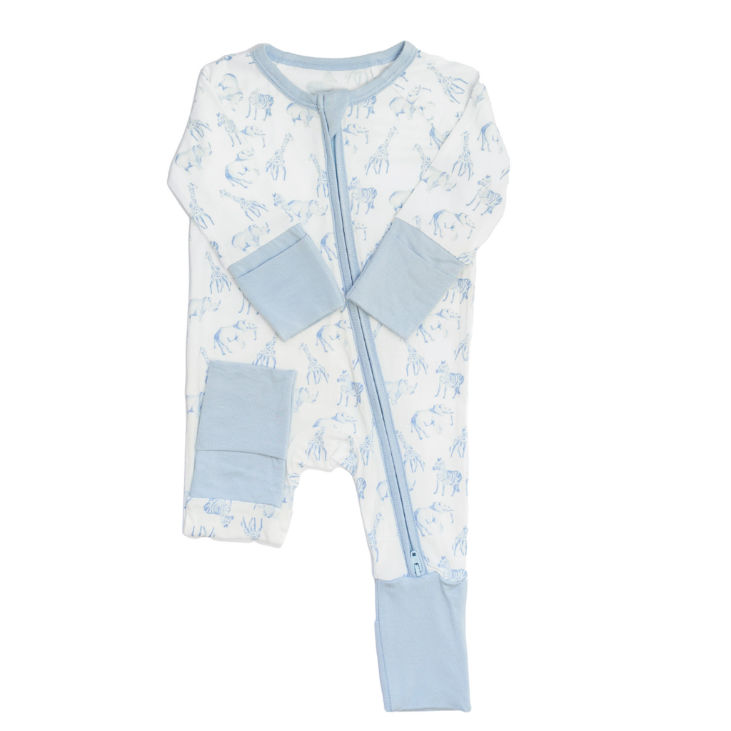 THE UPTOWN BABY BLUE SAFARI SLEEP ROMPER