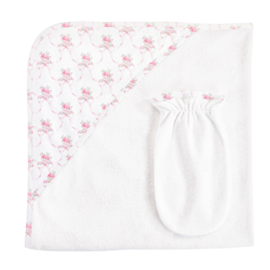 BABY CLUB CHIC sweet bows hooded towel w/mitt set 31'x28'
