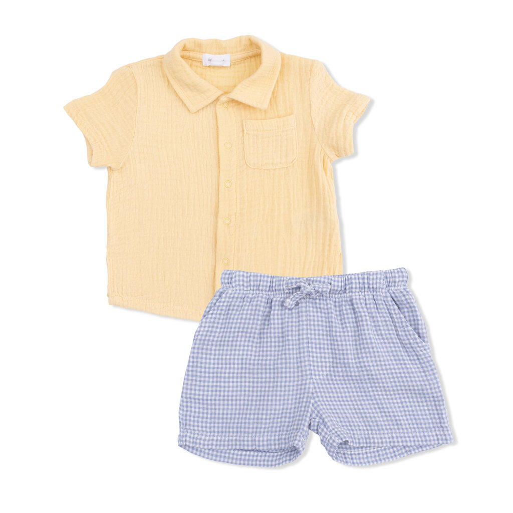ANGEL DEAR Polo Button Up With Casual Short - Micro Gïngham Blue Blizzard