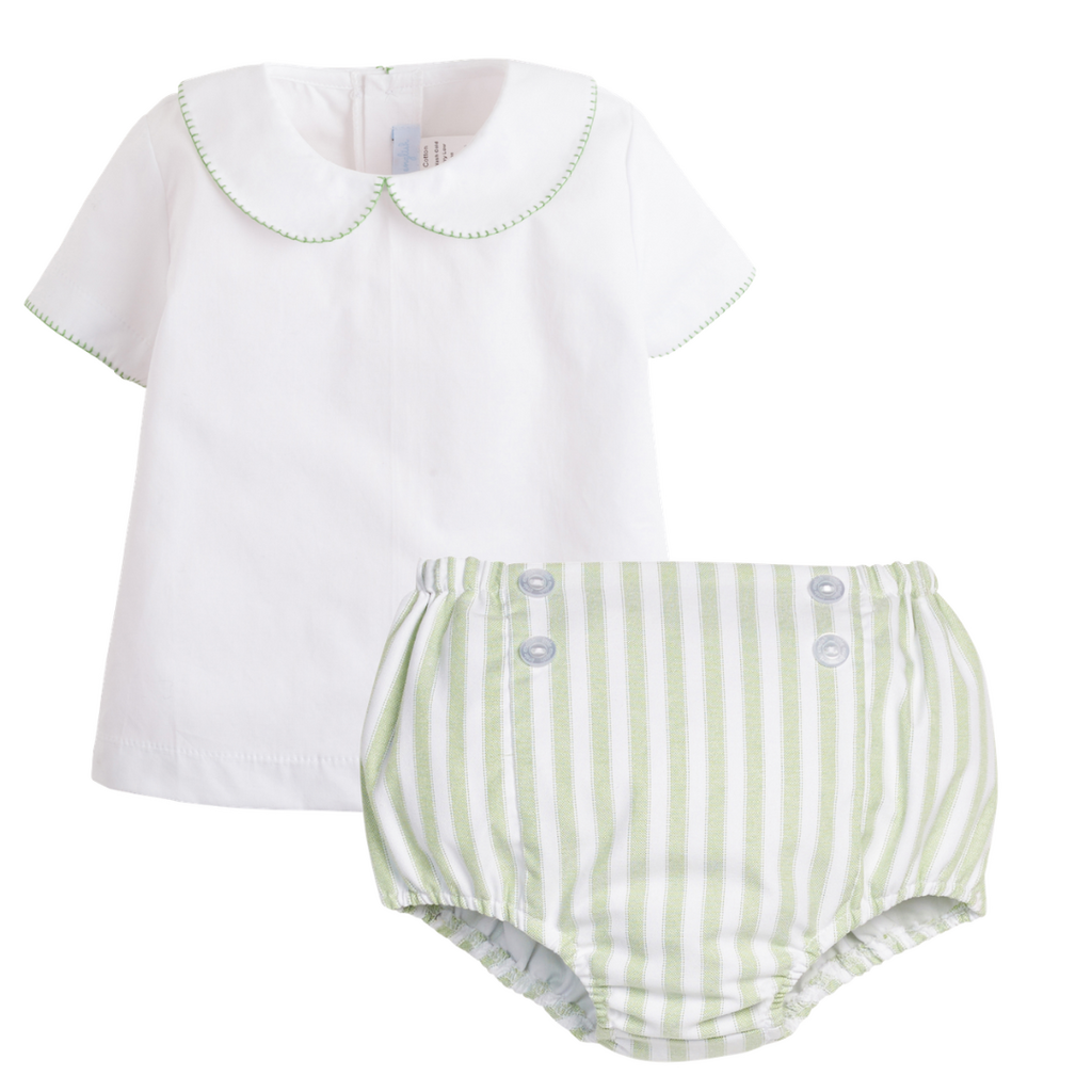 LITTLE ENGLISH Whipstitch Day Shirt-Green w/ Diaper Cover-Meriwether Stripe