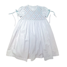 PERCY & TYNE HEIRLOOM SMOCKED DRESS WHITE BATISTE W/PINK & BLUE