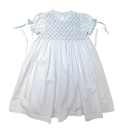 PERCY & TYNE HEIRLOOM SMOCKED DRESS WHITE BATISTE W/PINK & BLUE