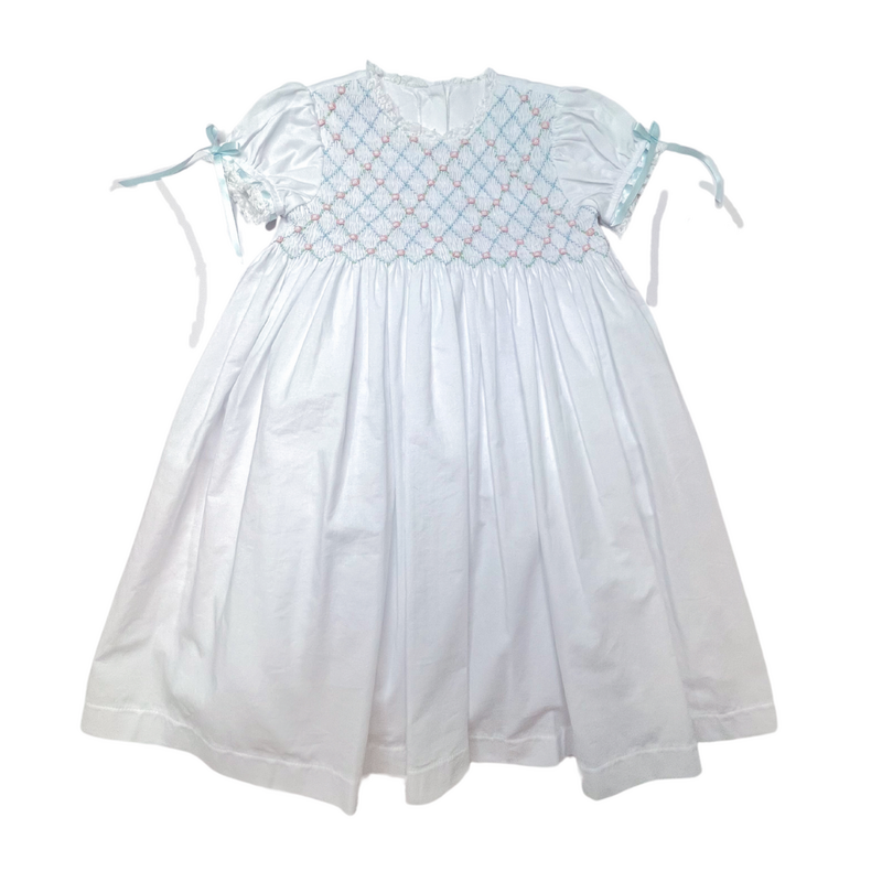 PERCY & TYNE HEIRLOOM SMOCKED DRESS WHITE BATISTE W/PINK & BLUE