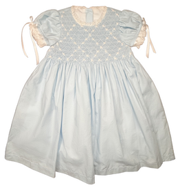 PERCY & TYNE GIRLS HEIRLOOM DRESS BLUE BATISTE W/WHITE SMOCKING