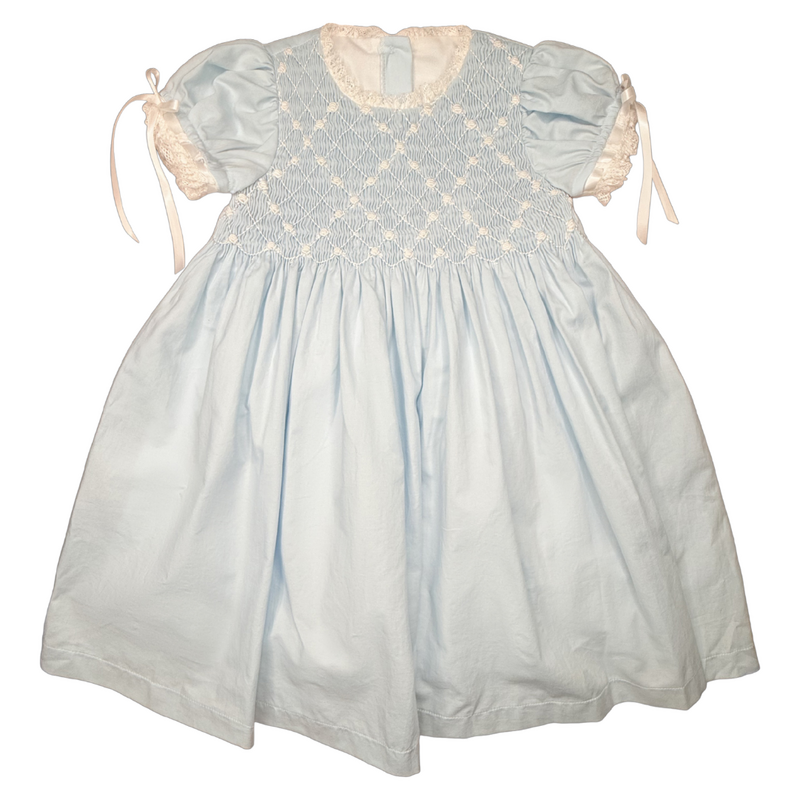 PERCY & TYNE GIRLS HEIRLOOM DRESS BLUE BATISTE W/WHITE SMOCKING