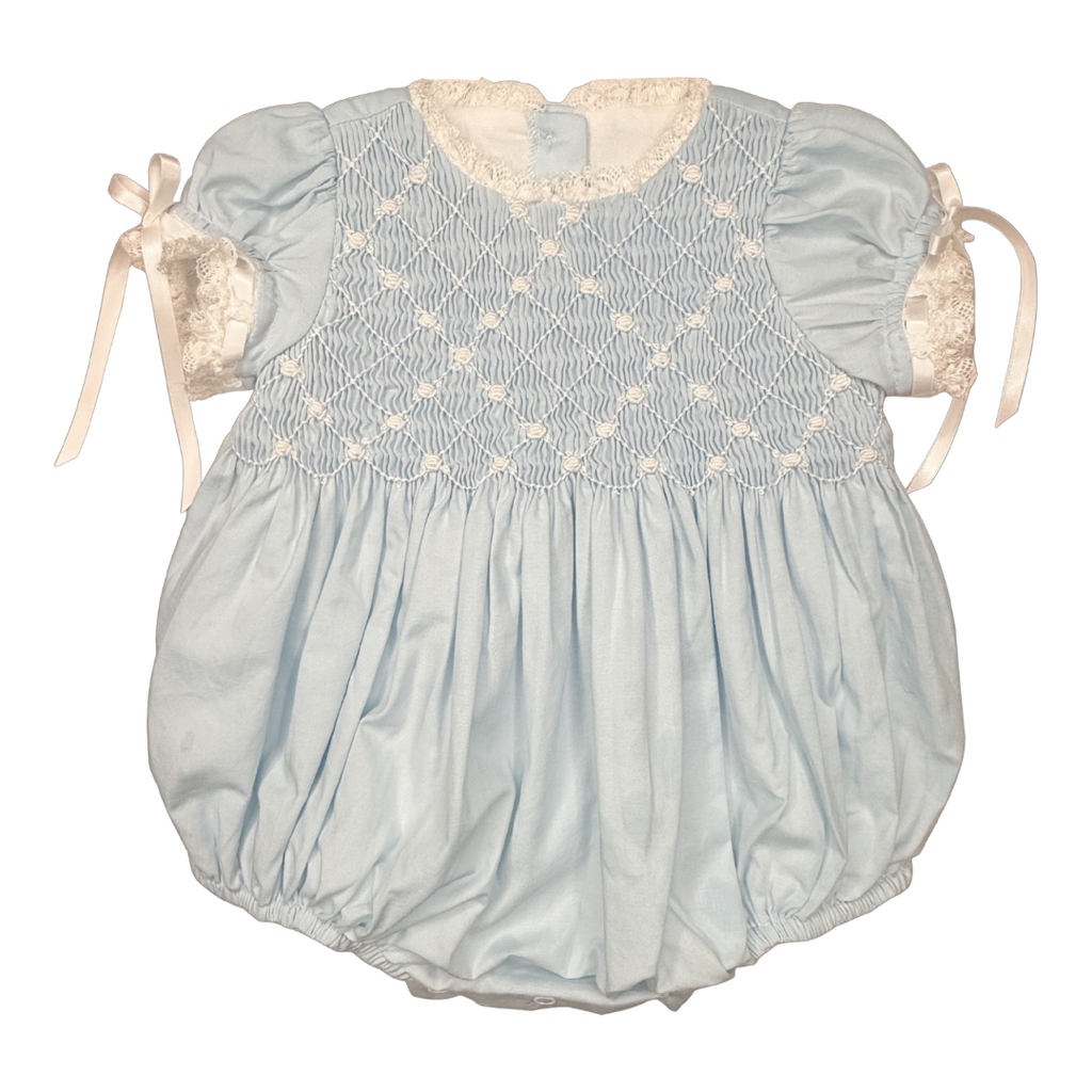 PERCY & TYNE GIRLS HEIRLOOM BUBBLE BLUE BATISTE W/WHITE SMOCKING