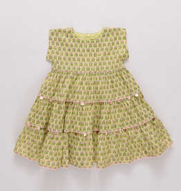 PINK CHICKEN Girls Peachy Dress - Green Prairie Block Print