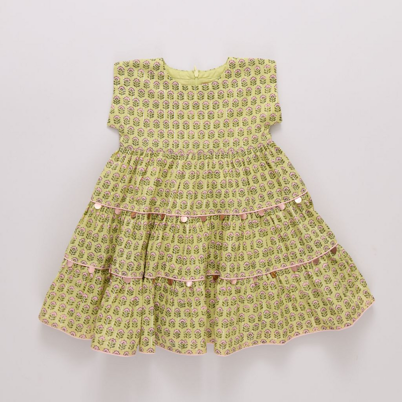 PINK CHICKEN Girls Peachy Dress - Green Prairie Block Print