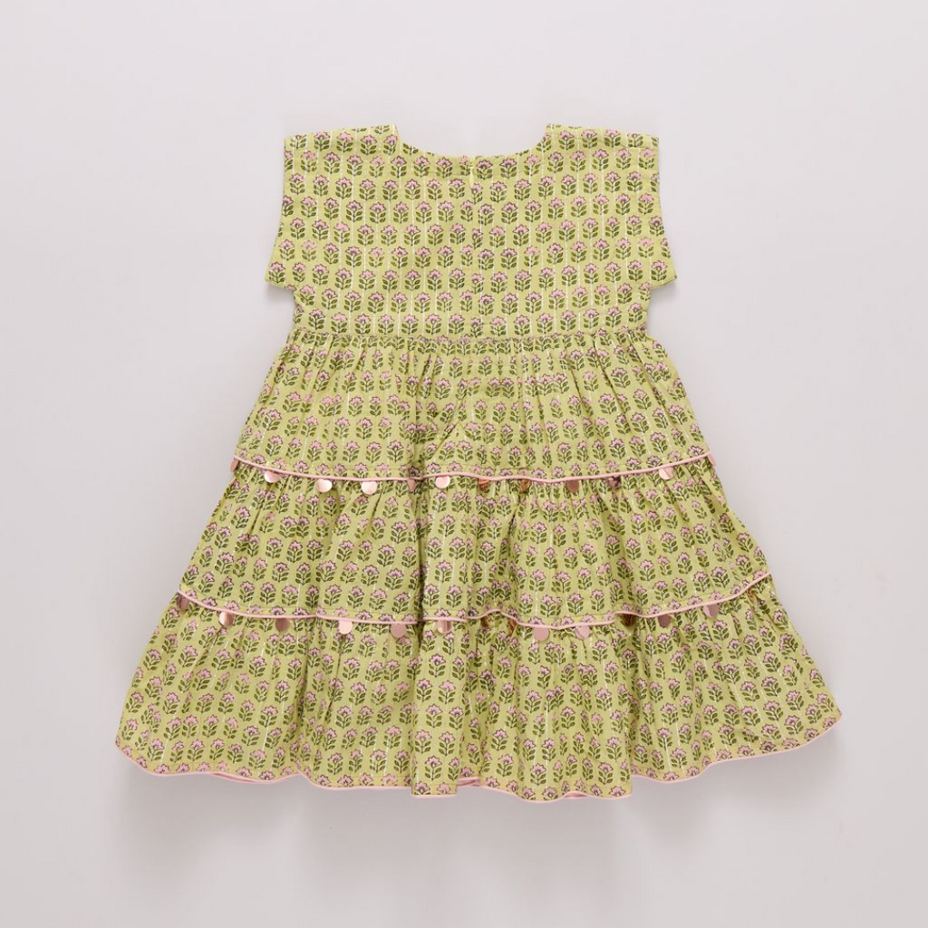 PINK CHICKEN Girls Peachy Dress - Green Prairie Block Print