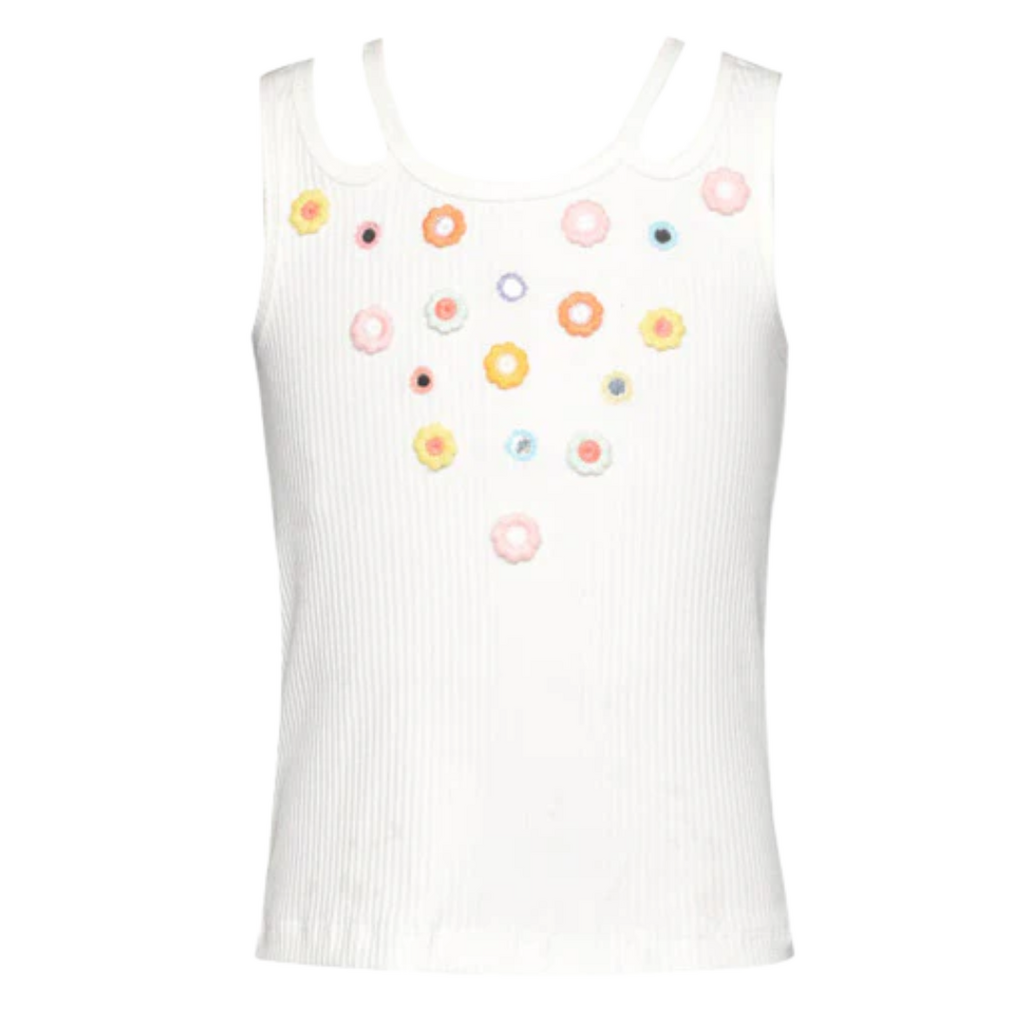 Hannah Banana White Ribbed Tank w/Flower Embroidery