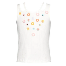 Hannah Banana White Ribbed Tank w/Flower Embroidery