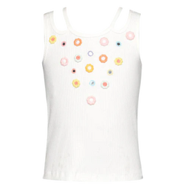 Hannah Banana White Ribbed Tank w/Flower Embroidery
