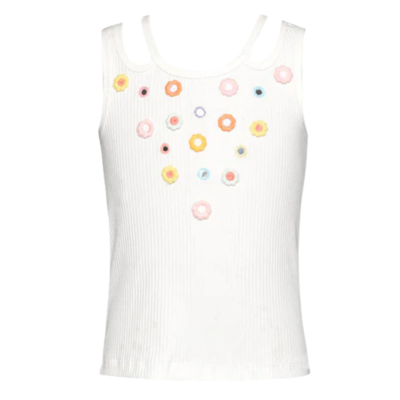 Hannah Banana White Ribbed Tank w/Flower Embroidery