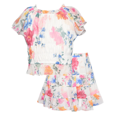 Hannah Banana Flower Print Peasant Top w/Tiered Skirt