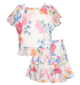 Hannah Banana Flower Print Peasant Top w/Tiered Skirt