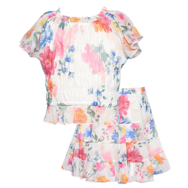 Hannah Banana Flower Print Peasant Top w/Tiered Skirt