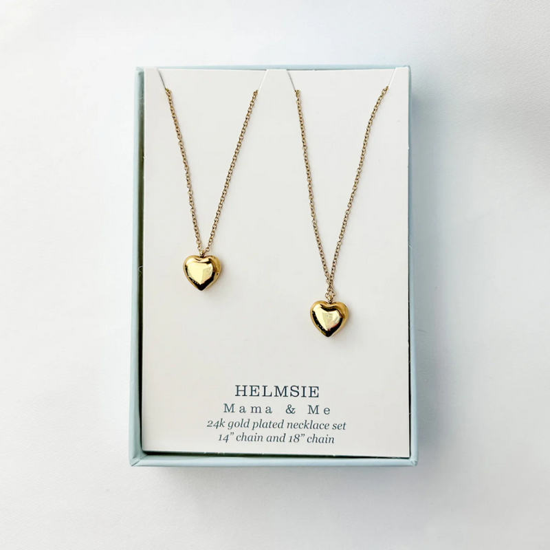 HELMSIE Mama & Me Puff Heart Necklace Set