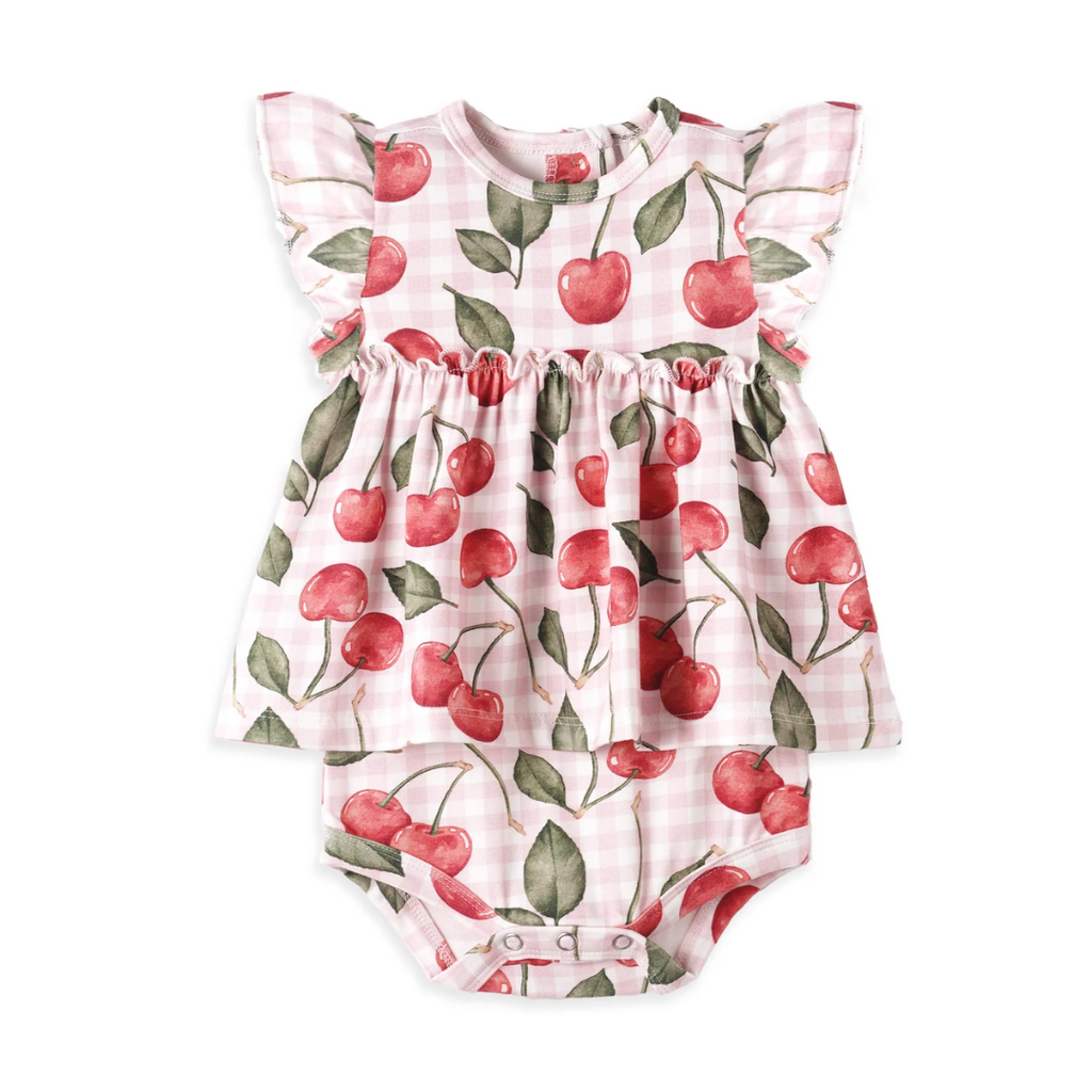 TESA BABE Cherry Picnic Flutter Sleeve Skirted Bodysuit