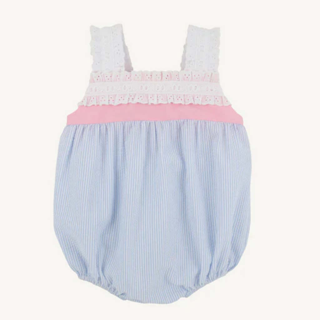 THE BEAUFORT BONNET COMPANY Babs Bubble-Blue Seersucker with Sandpearl Pink