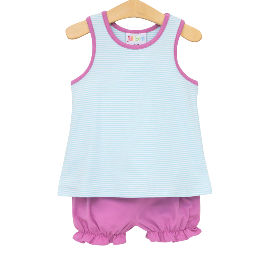 JELLY BEAN Abby Bow Back Bloomer Set-Aqua Stripe & Fuchsia