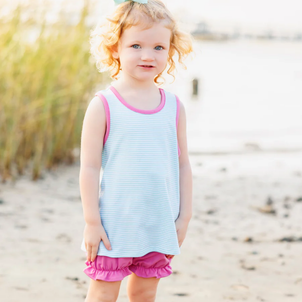 JELLY BEAN Abby Bow Back Bloomer Set-Aqua Stripe & Fuchsia