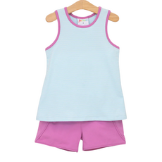 JELLY BEAN Abby Bow Back Short Set-Aqua Stripe & Fuchsia