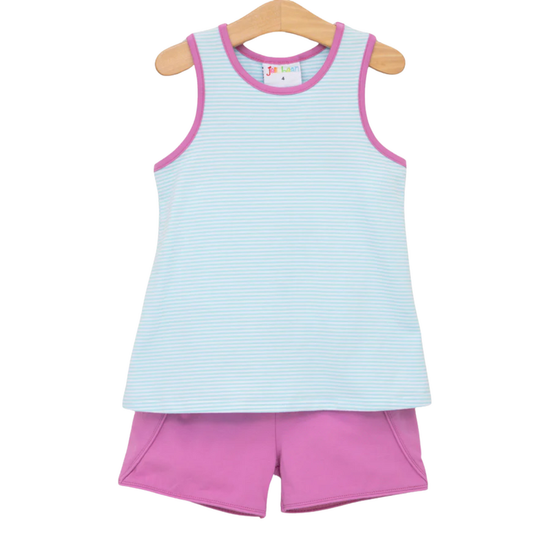 JELLY BEAN Abby Bow Back Short Set-Aqua Stripe & Fuchsia