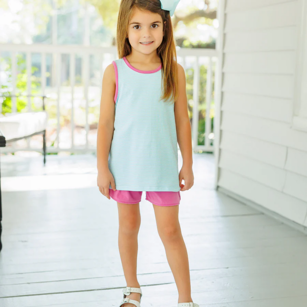 JELLY BEAN Abby Bow Back Short Set-Aqua Stripe & Fuchsia