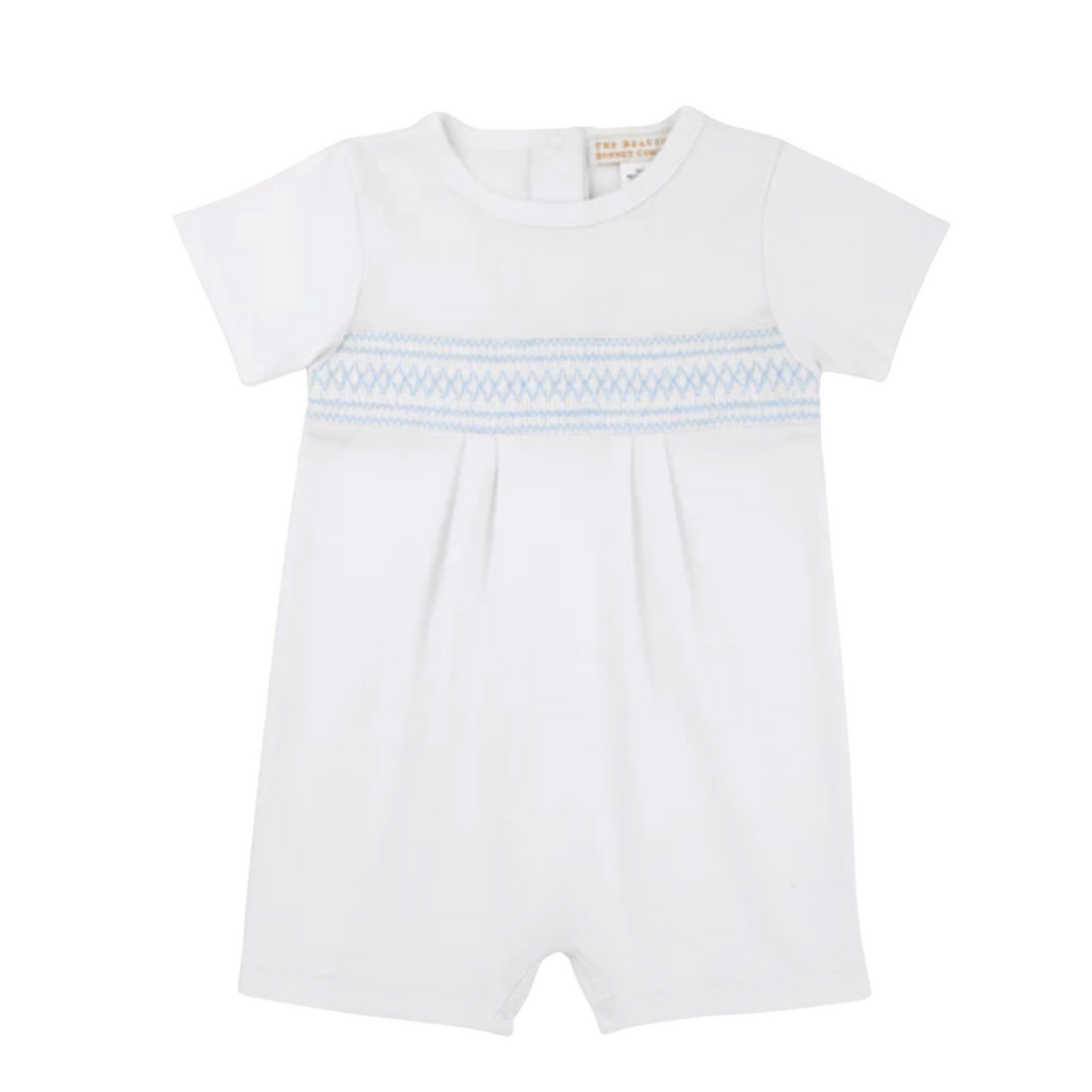 THE BEAUFORT BONNET COMPANY SEBASTIAN SMOCKED ROMPER Worth Ave Wht/Beale St Blue & Sarasota Sky