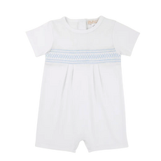 THE BEAUFORT BONNET COMPANY SEBASTIAN SMOCKED ROMPER Worth Ave Wht/Beale St Blue & Sarasota Sky