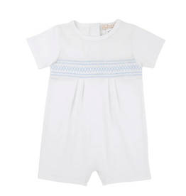 THE BEAUFORT BONNET COMPANY SEBASTIAN SMOCKED ROMPER Worth Ave Wht/Beale St Blue & Sarasota Sky