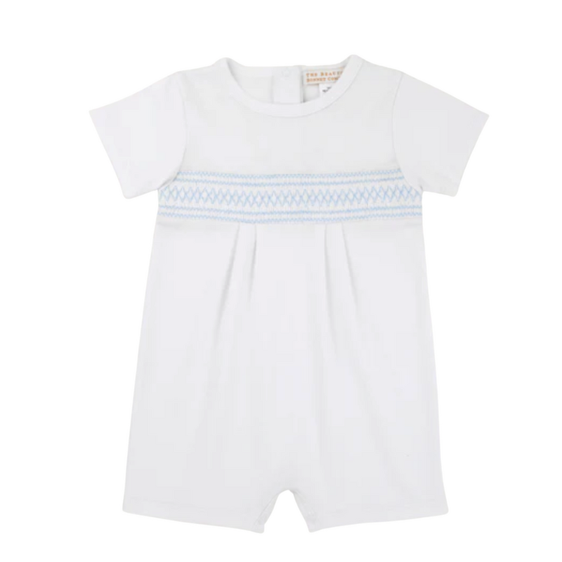 THE BEAUFORT BONNET COMPANY SEBASTIAN SMOCKED ROMPER Worth Ave Wht/Beale St Blue & Sarasota Sky