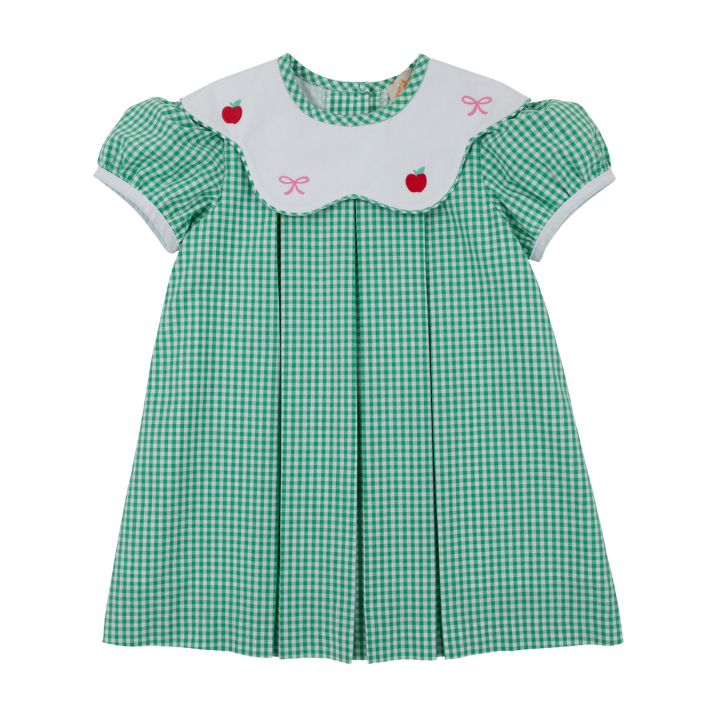 THE BEAUFORT BONNET COMPANY FRENCHY FROCK-Gibson Island Green Mini Gingham/White/Apples & Bows