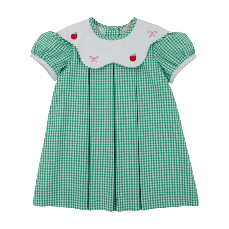 THE BEAUFORT BONNET COMPANY FRENCHY FROCK-Gibson Island Green Mini Gingham/White/Apples & Bows