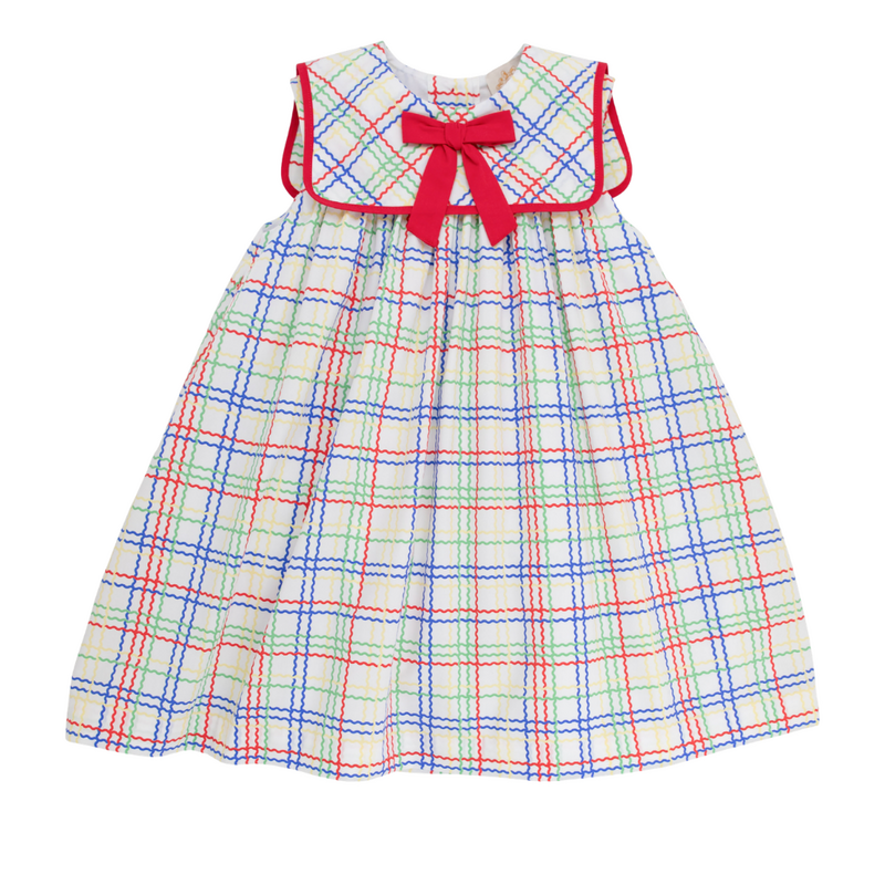 THE BEAUFORT BONNET COMPANY SLEEVELESS STEWART'S SQUARE COLLAR DRESS-Windowpane/Rich. Red