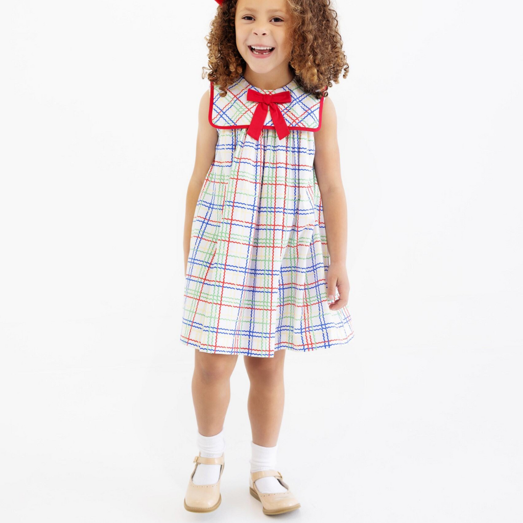 THE BEAUFORT BONNET COMPANY SLEEVELESS STEWART'S SQUARE COLLAR DRESS-Windowpane/Rich. Red