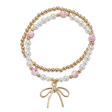 JANE MARIE Kids Pearl, Pink Floral Bead, Set of 2 Bracelet with Bow