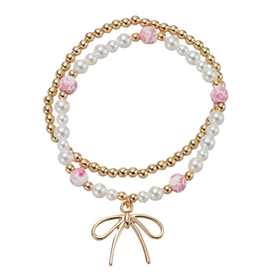 JANE MARIE Kids Pearl, Pink Floral Bead, Set of 2 Bracelet with Bow