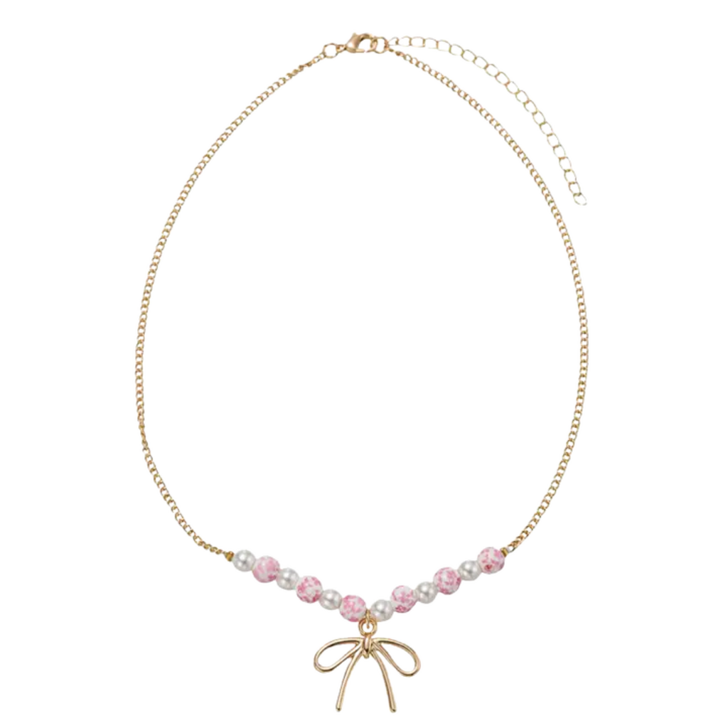 JANE MARIE Kids Pearl, Pink Floral Bead Necklace with Gold Bow