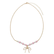 JANE MARIE Kids Pearl, Pink Floral Bead Necklace with Gold Bow