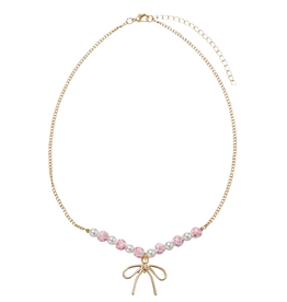 JANE MARIE Kids Pearl, Pink Floral Bead Necklace with Gold Bow