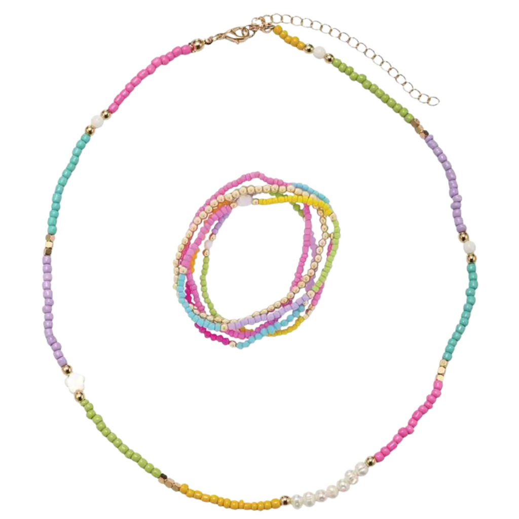 JANE MARIE Kids Pearl Flower Lime, Tq, Pink, Yellow Necklace & Bracelet