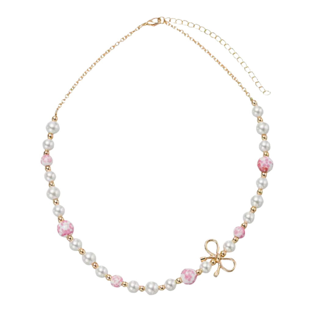 JANE MARIE Kids Pearl, Pink Floral Bead Necklace with Gold Bow in Body