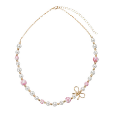 JANE MARIE Kids Pearl, Pink Floral Bead Necklace with Gold Bow in Body