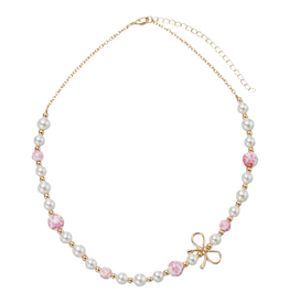 JANE MARIE Kids Pearl, Pink Floral Bead Necklace with Gold Bow in Body
