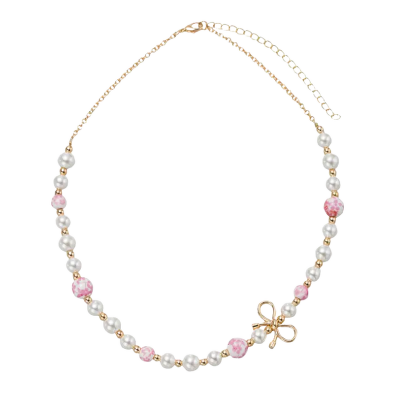 JANE MARIE Kids Pearl, Pink Floral Bead Necklace with Gold Bow in Body