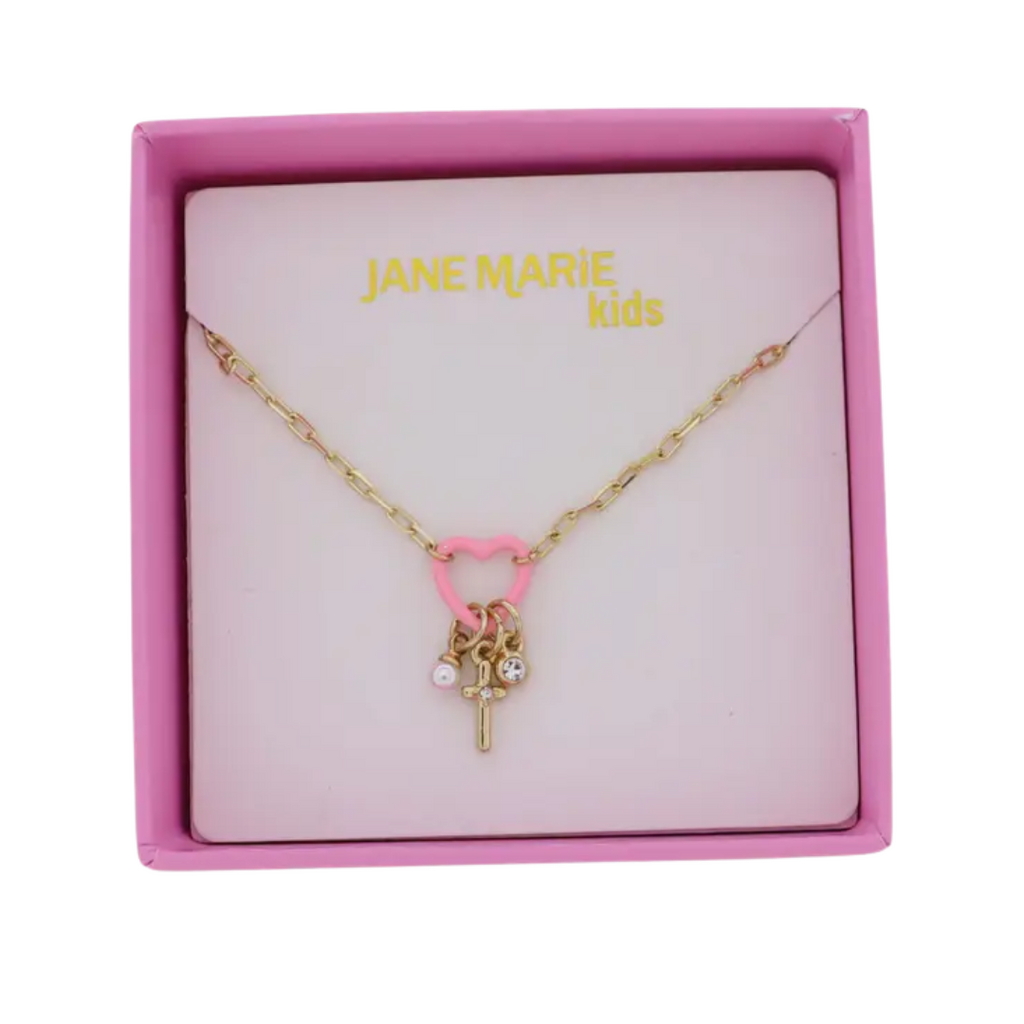 JANE MARIE Kids Gold Cable Chain Necklace with Pink Heart Cross, Pearl