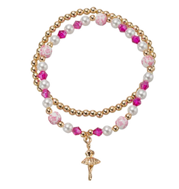 JANE MARIE Kids Pink Floral Bead, Set of 2 Bracelet with Ballerina